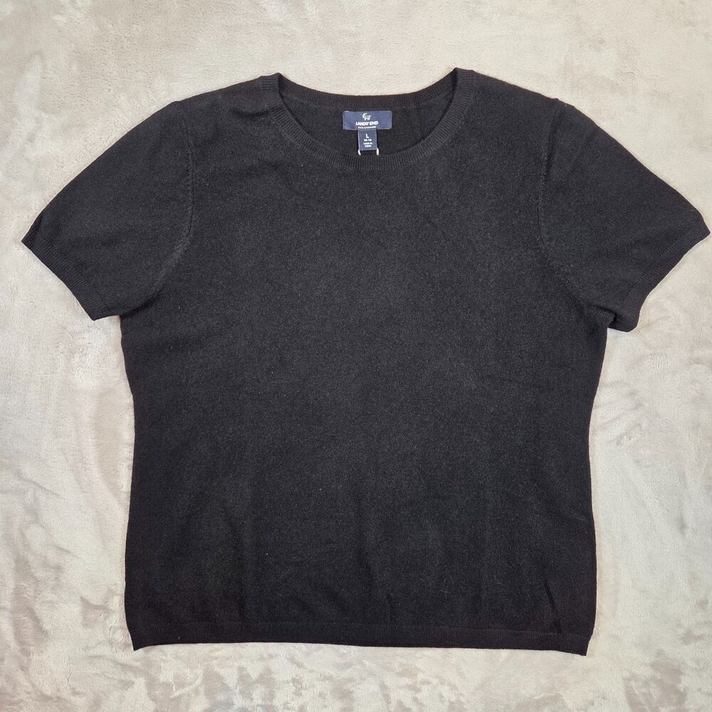 Lands' End Women's 100% Cashmere Sweater Large Black Short Sleeve Crewneck NWT